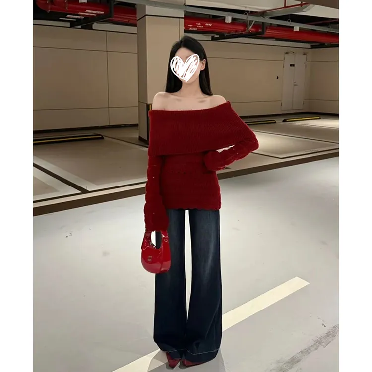 新款韩系温柔一字肩镂空收腰显瘦针织衫毛衣秋季韩版上衣