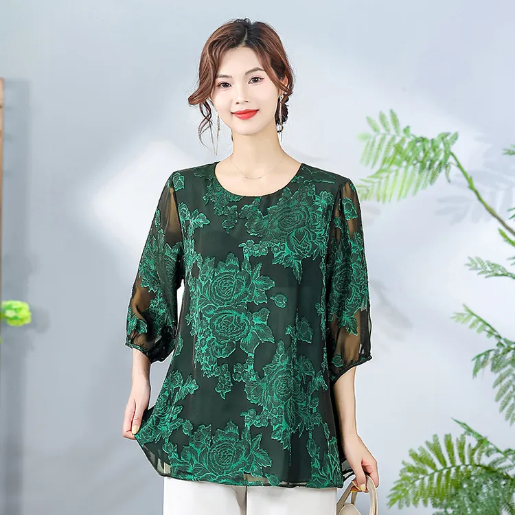 中老年T恤小衫女夏新中式小个子遮肉显瘦洋气妈妈装大码宽松上衣