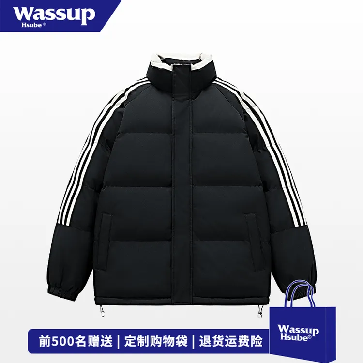 WASSUP HSUBE街头简约基础款面包服男秋冬百搭三条杠黑色棉服外套
