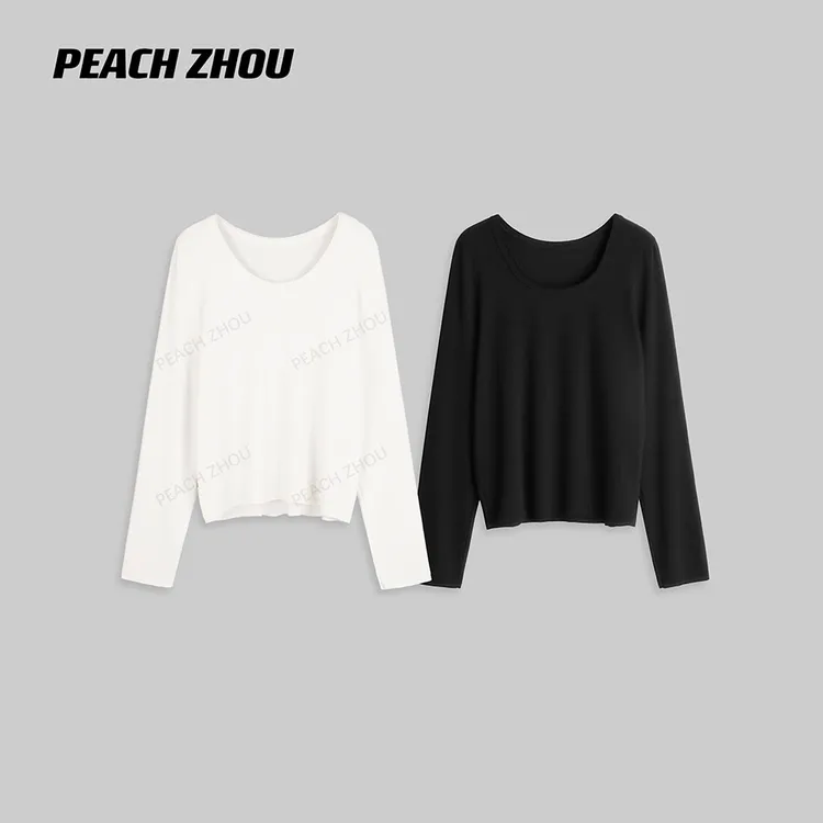 『PEACHZHOU』慕斯绵羊毛弹力三层散边领口宽松基础宽圆领打底长袖