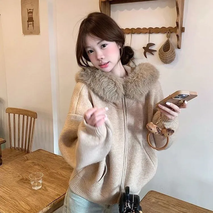 【大毛领毛衣】加厚开衫外套女秋冬宽松显瘦软糯针织衫