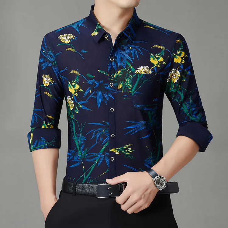 男碎花中年长袖春秋衬衫潮流时尚高档印花冰丝夏季休闲真口袋衬衣