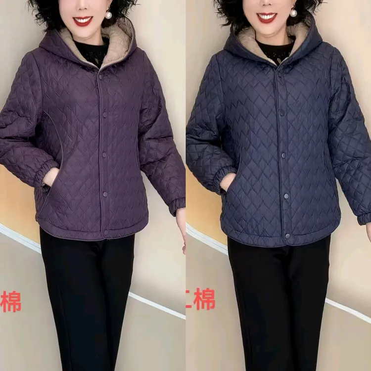 优雅妈妈秋冬菱形格轻便宽松大码连帽二棉外套（衣长65）