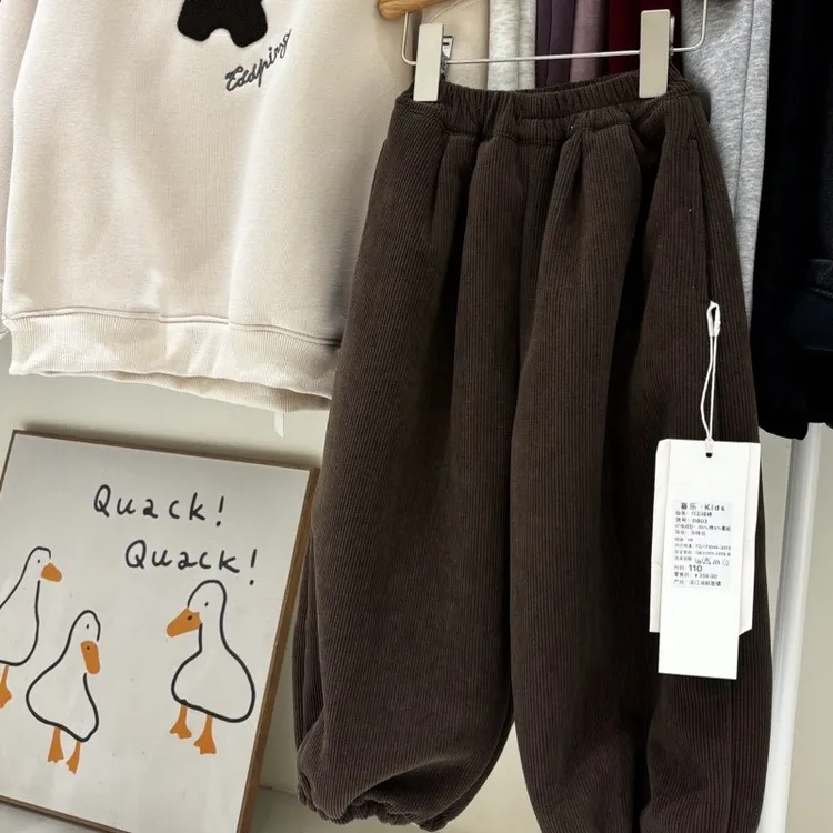 儿童秋冬新款加绒加厚条绒卫裤男女童休闲长裤洋气宽松灯笼裤