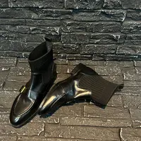 阿玉家&优质独具风格金属装饰鞋子英伦风时装拼接中筒靴子#01562