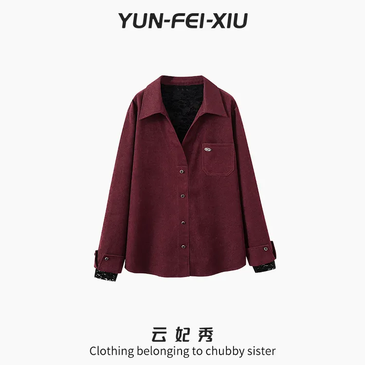 云妃秀大码女装衬衫时尚休闲胖妹妹显瘦宽松翻领上衣秋季22330