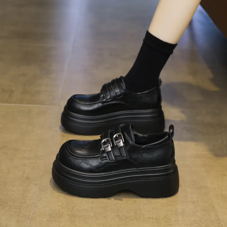 真皮厚底乐福鞋女秋冬2025年新款小个子增高魔术贴单鞋圆头小皮鞋