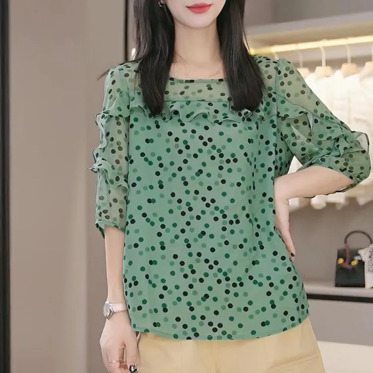 法式休闲减龄衬衫女2025年夏季新款气质百搭绿色波点洋气显瘦上衣