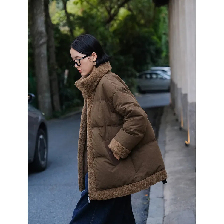 麻霖盐缩高密亚麻棉90白鹅绒摇粒绒拼接加厚保暖显瘦羽绒服外套