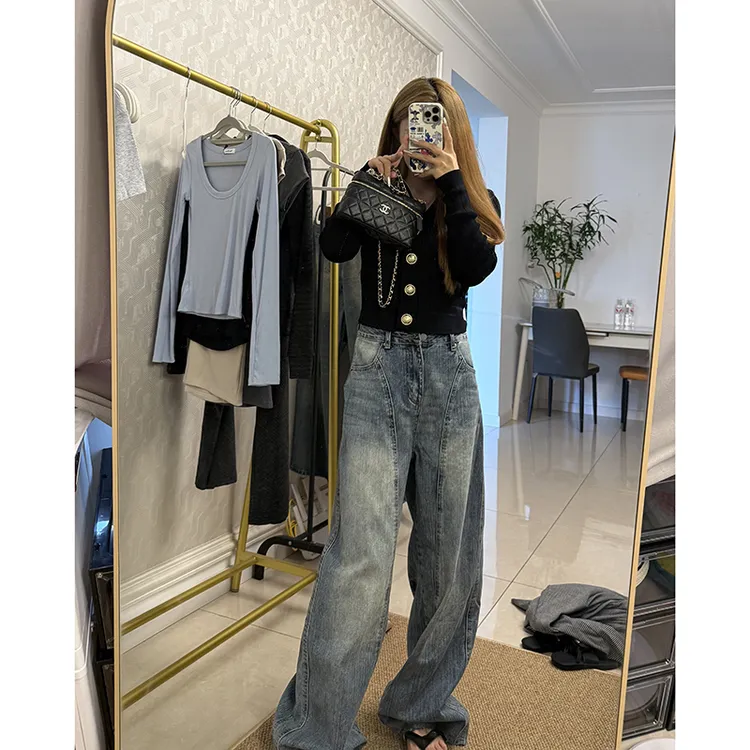 NORNLGGER美式复古高腰牛仔裤女早秋2025新款显瘦宽松弯刀阔腿裤