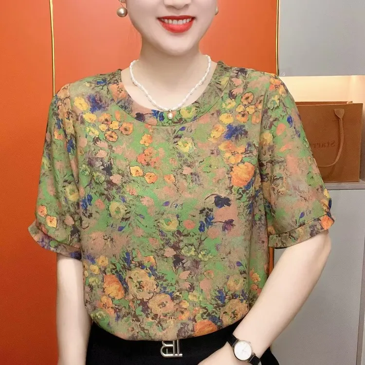 2025新款妈妈装时尚百搭宽松休闲洋气圆领短袖上衣2673