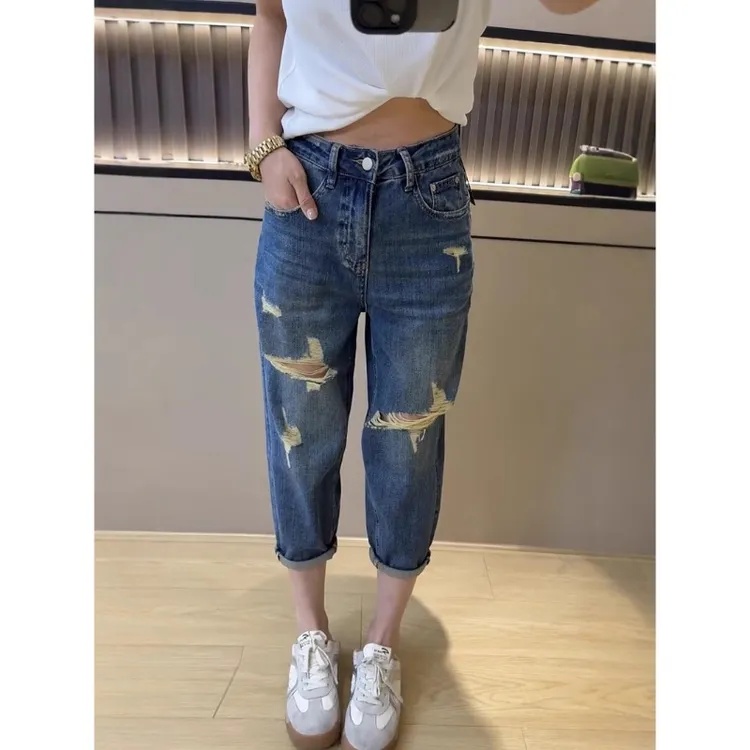 2025夏季新款复古百搭九分哈伦老爹裤大码高腰显瘦破洞直筒牛仔裤
