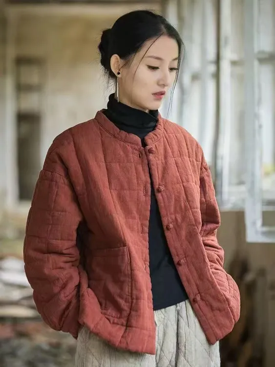 冬季棉麻女装文艺个性保暖棉服新款苎麻夹棉衔缝方格时尚女士棉衣