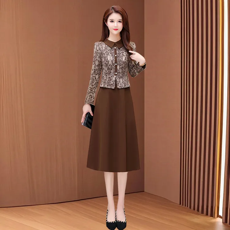 印花长袖连衣裙女高级感春秋打底十三行爆款高端妈妈假两套裙子