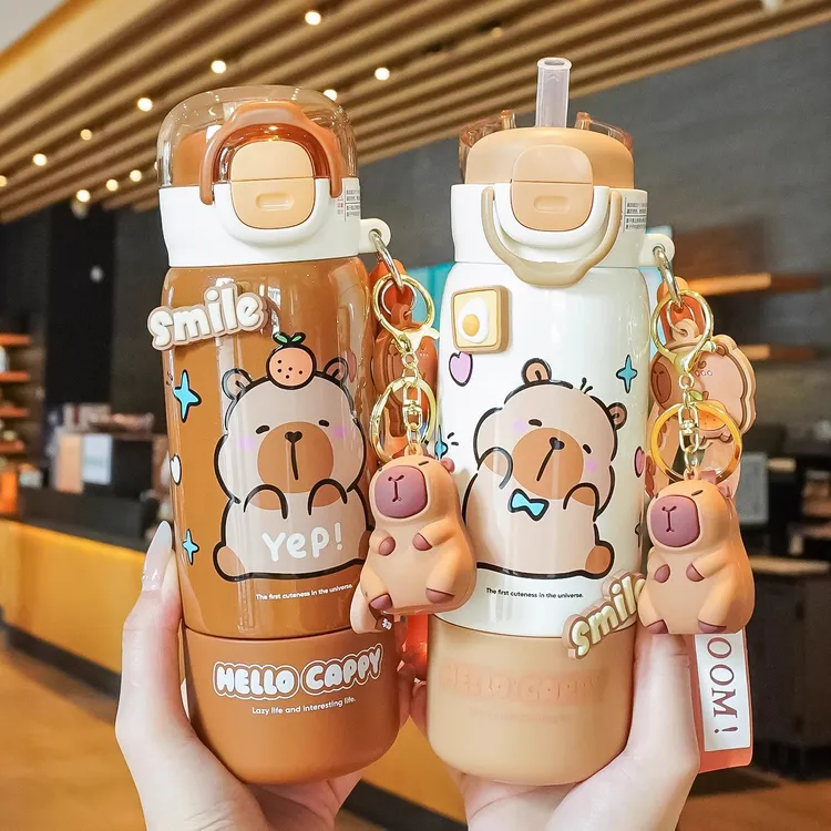 卡皮巴拉儿童保温杯上学专用男孩女孩双饮吸管杯小学生幼儿园水壶
