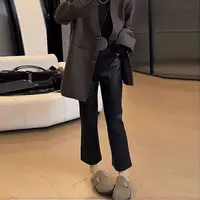皮裤女高腰显瘦九分微喇裤适合梨形身材小个子