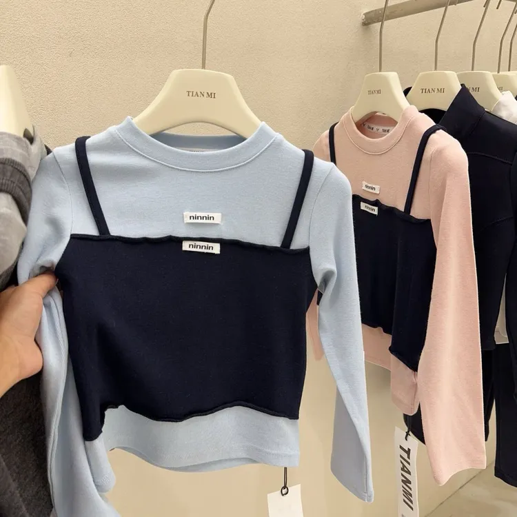 女童时尚拼色长袖上衣2025秋季新款韩版儿童洋气百搭假两件T恤潮