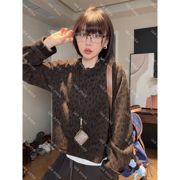 JIUJIUJIUJIU【雪落松针】时尚百搭豹纹慵懒风设计师秋冬针织衫女