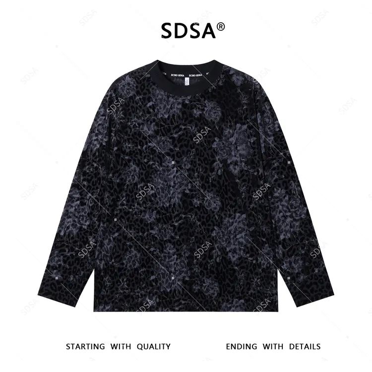 SDSA男士秋冬新款轻奢痞帅男装泡泡植绒圆领长袖T恤花卉印花时尚