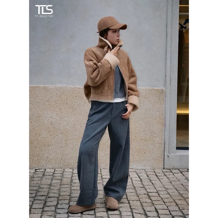 TT【栗子棕】100%绵羊毛麂皮绒颗粒感保暖发热加厚外套PC5097