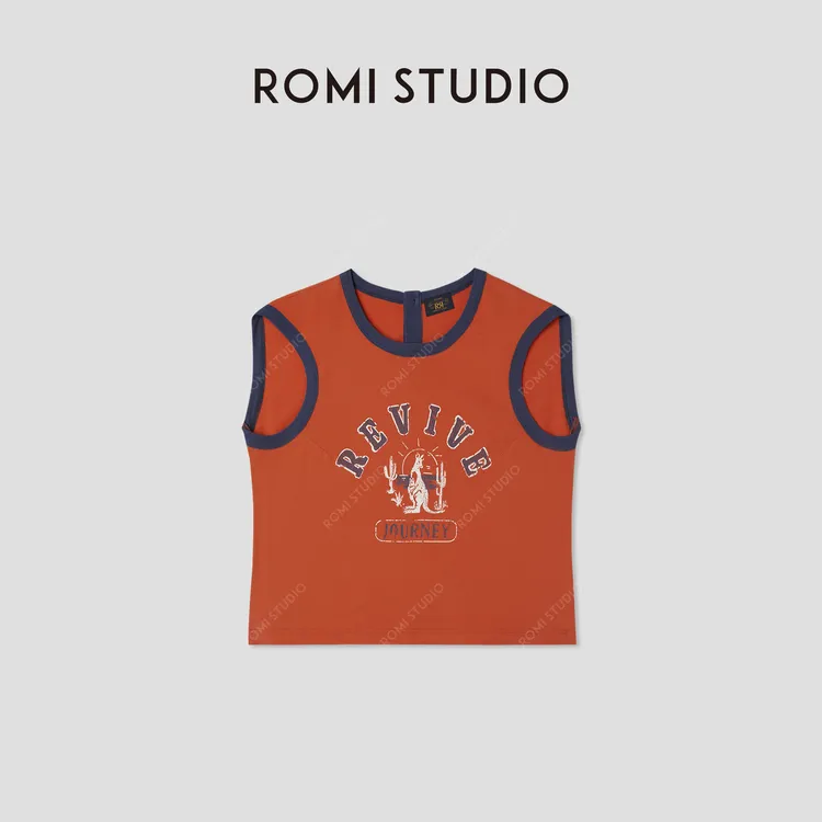 ROMI STUDIO“美式复古”做旧洗水复古印花撞色无袖背心 RWCRSY4555