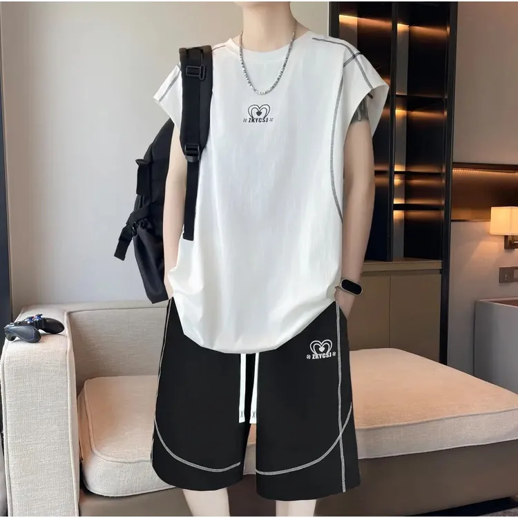 夏季青少年无袖背心休闲运动套装夏季薄款透气潮流男士学生篮球服