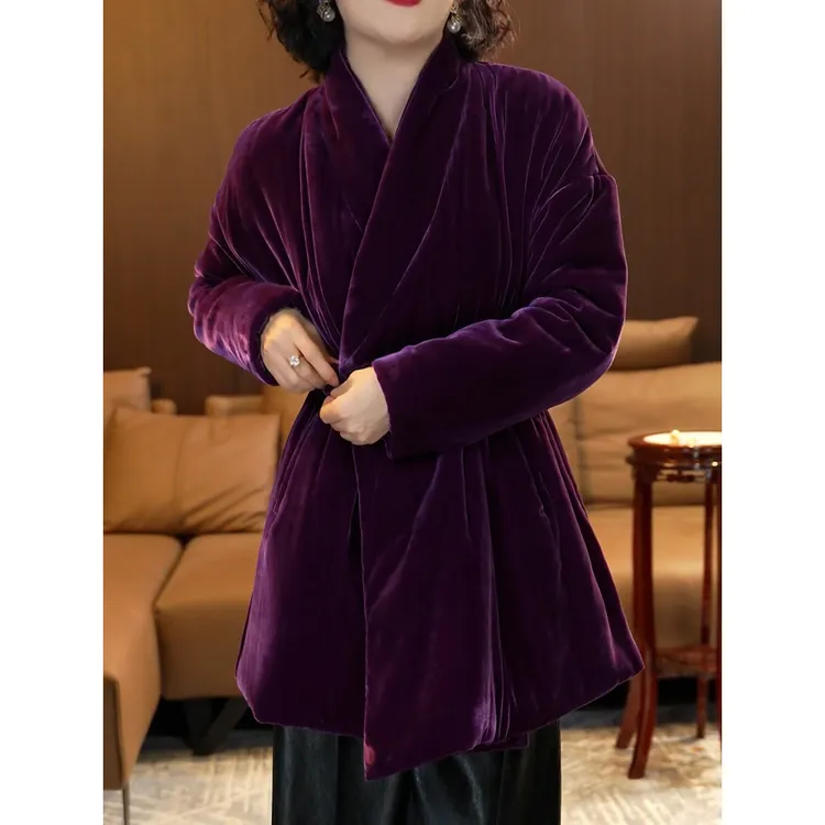 轻奢贵夫人高级感纯色丝绒棉服2025冬季新款洋气保暖V领显瘦外套