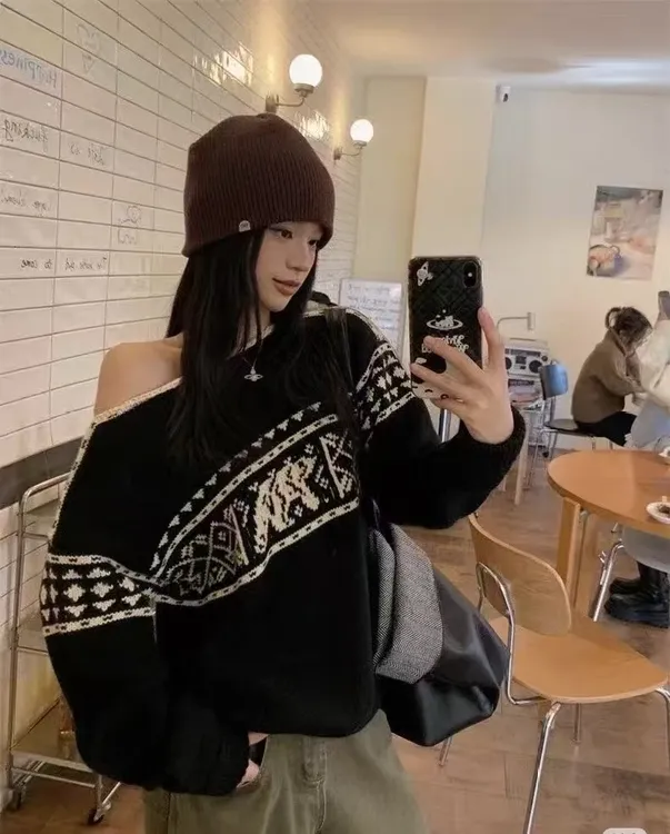 秋季新款复古慵懒风高级感百搭显瘦可正肩斜肩针织毛衣长袖上衣女