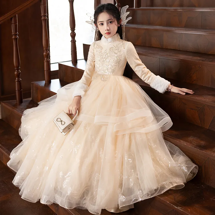女童新款礼服秋冬加厚公主洋气蓬蓬纱花童生日宴会长袖洋气连衣裙