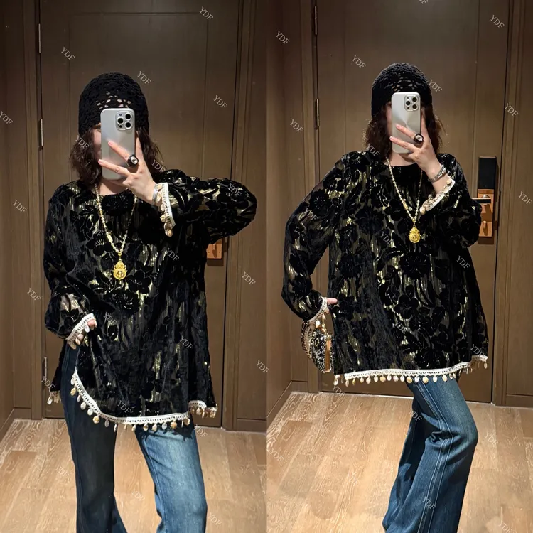 YDFSTUDIO小众【私藏美衣】欧货早秋重工丝绒烧花设计时尚百搭上衣