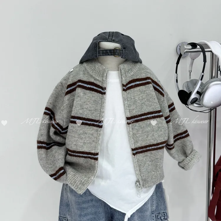 儿童拉链加厚毛衣2025秋装条纹针织衫男童外套儿童休闲针织开衫