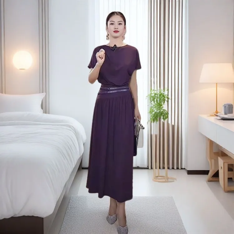 赫本风连衣裙春夏紫色服装女甜美可爱风格衣服法式显瘦长裙通勤