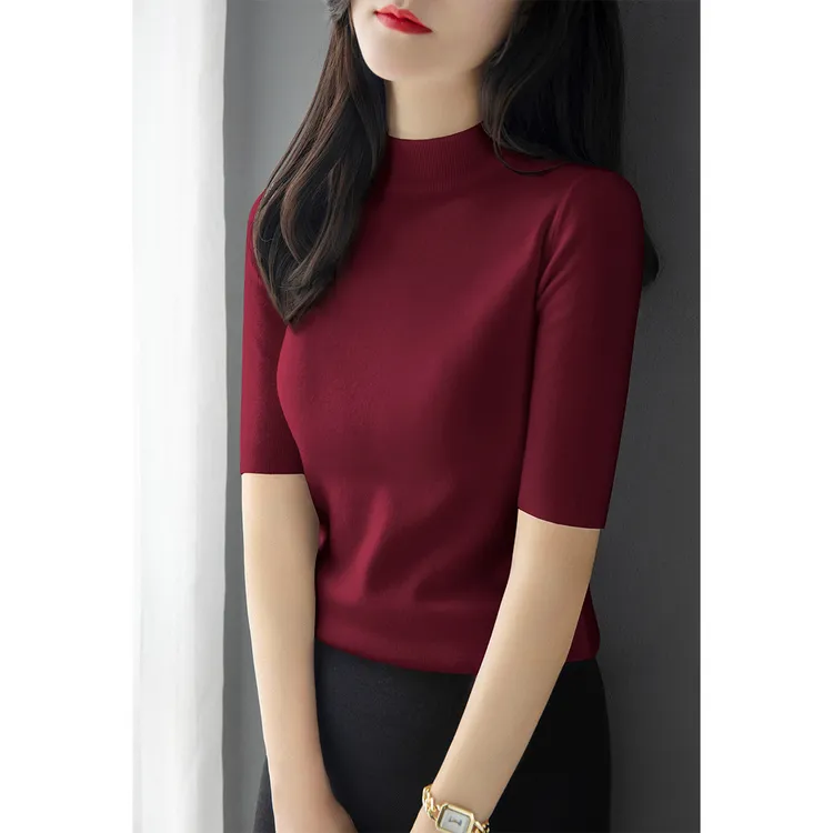 韩系穿搭红色气质百搭羊毛半高圆领设计T恤女春秋季修身显瘦上衣