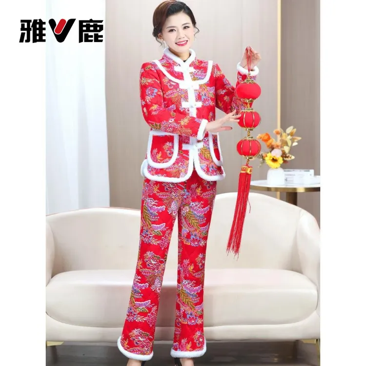 雅鹿优选东北大花服新款套装加绒袄裤加厚两件套保暖唐装喜庆衣