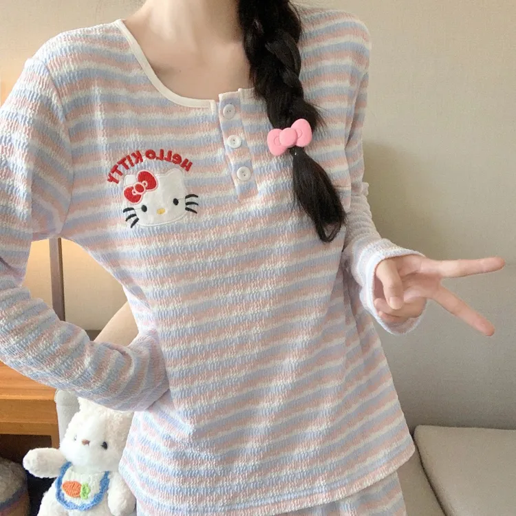 Kitty猫甜美条纹长袖带胸垫睡衣女2025年新款春秋冬季家居服套装