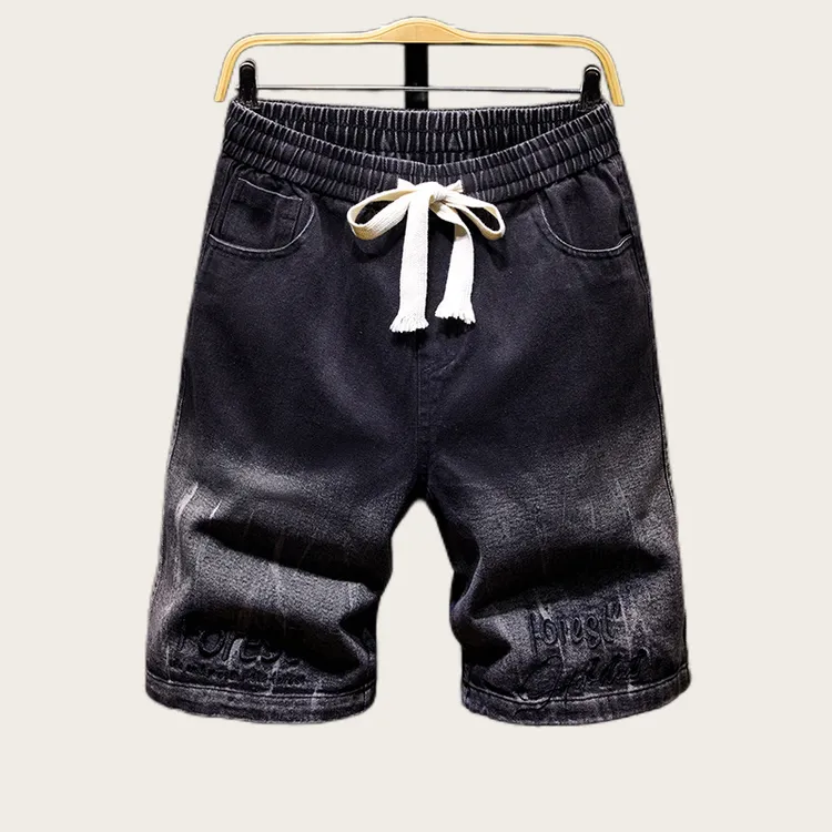 短裤原色牛仔短裤夏季韩版渐变刺绣宽松牛仔裤潮流直筒男士复古