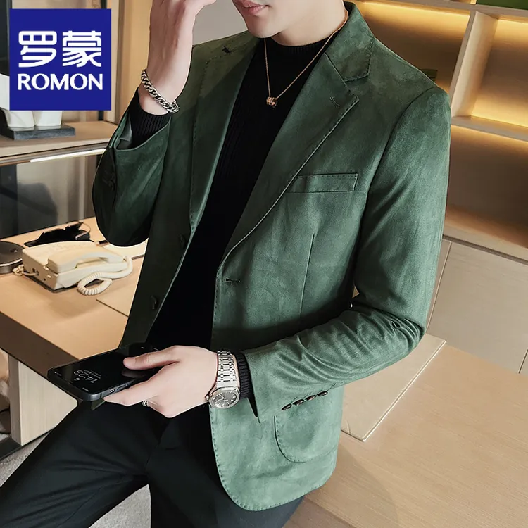 罗蒙鹿皮绒外套男士休闲西装冬季高级感单西秋装皮西服上衣单件
