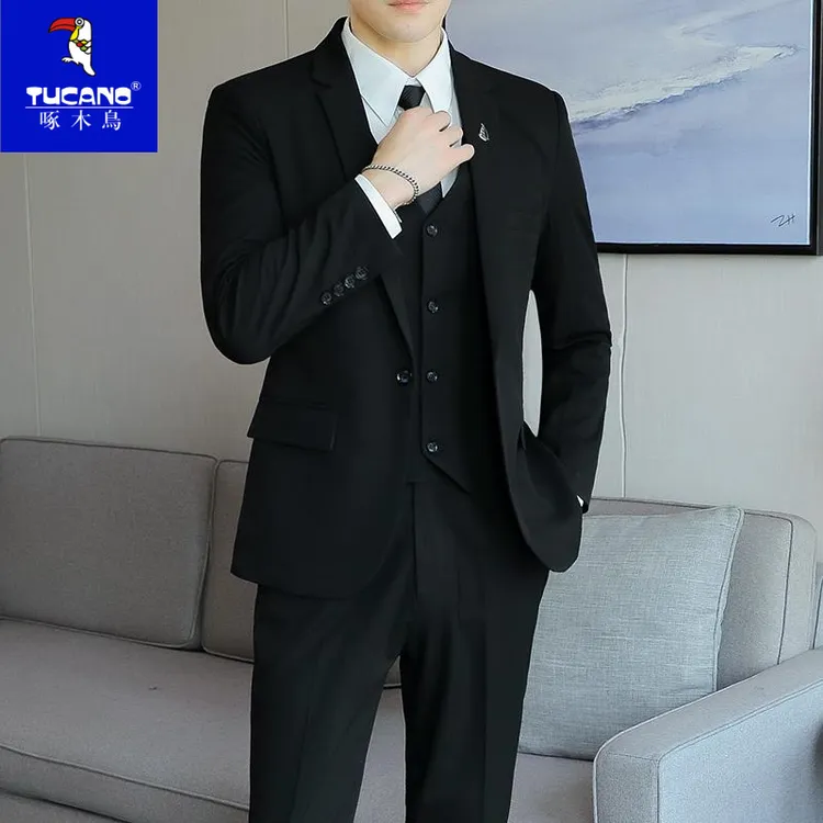 啄木鸟男士西服套装韩版修身西装商务三件套时尚新郎伴郎礼服外套