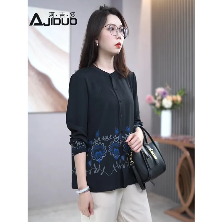 A22366阿吉多气质长袖立领衬衫女秋装新款中老年妈妈复古印花衬衣
