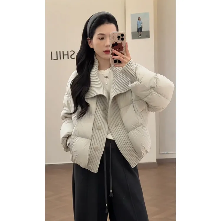 parkyeon秋冬韩系新款大翻领针织拼接保暖棉服外套阔腿休闲裤套装