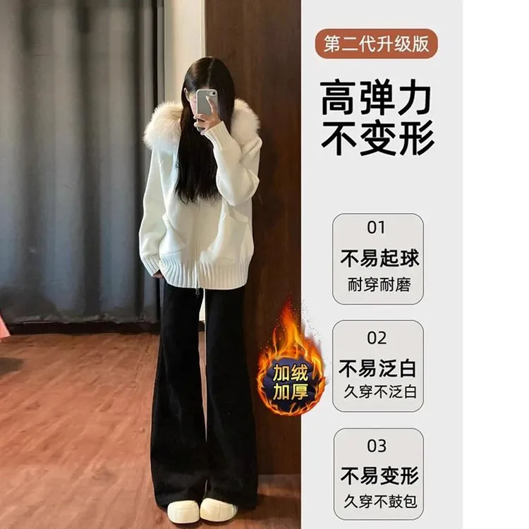 雪千羽黑色弹力不贴腿微喇叭牛仔裤女2025秋冬加绒高腰显瘦喇叭裤