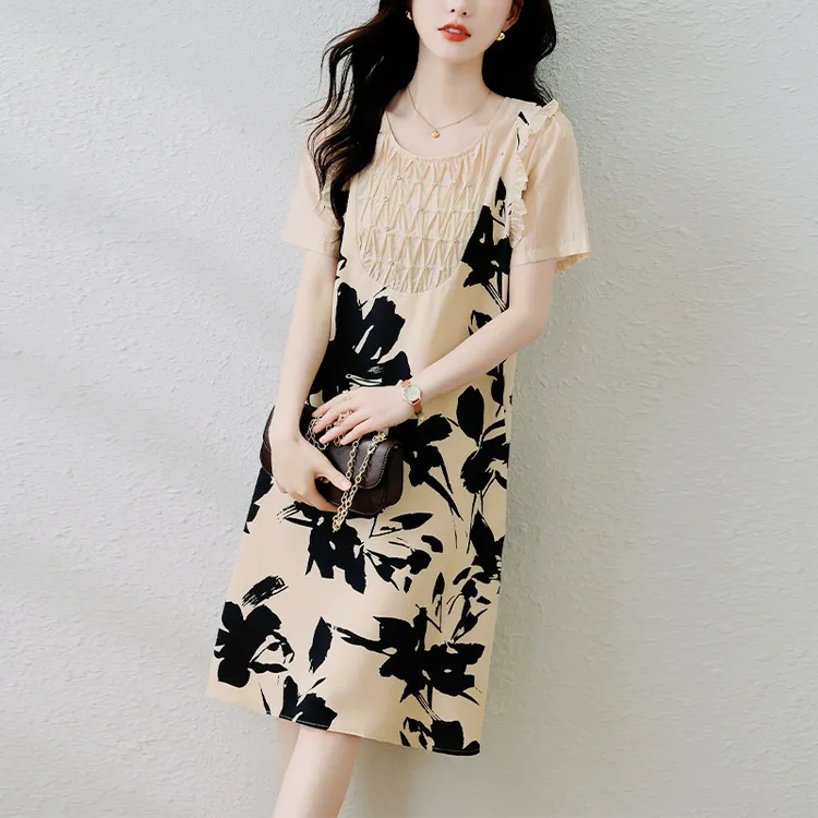大码女装印花连衣裙2025年夏季新款宽松显瘦时尚休闲拼接短袖裙子