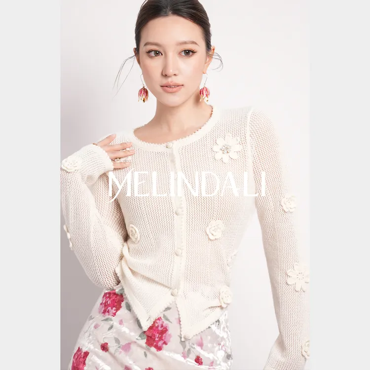 Melinda Li【糯感花朵】100绵羊毛重工手钩立体花朵针织长袖开衫