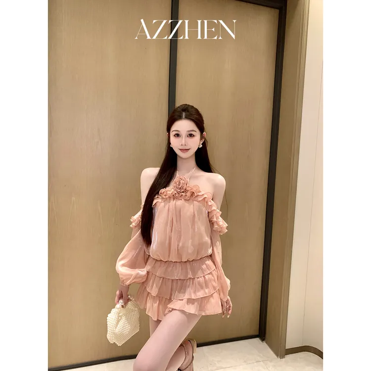 AZZHEN【柚见日落】一字肩挂脖荷叶边套装AZ4LSS11-SS/AZ4LSS11-SQ