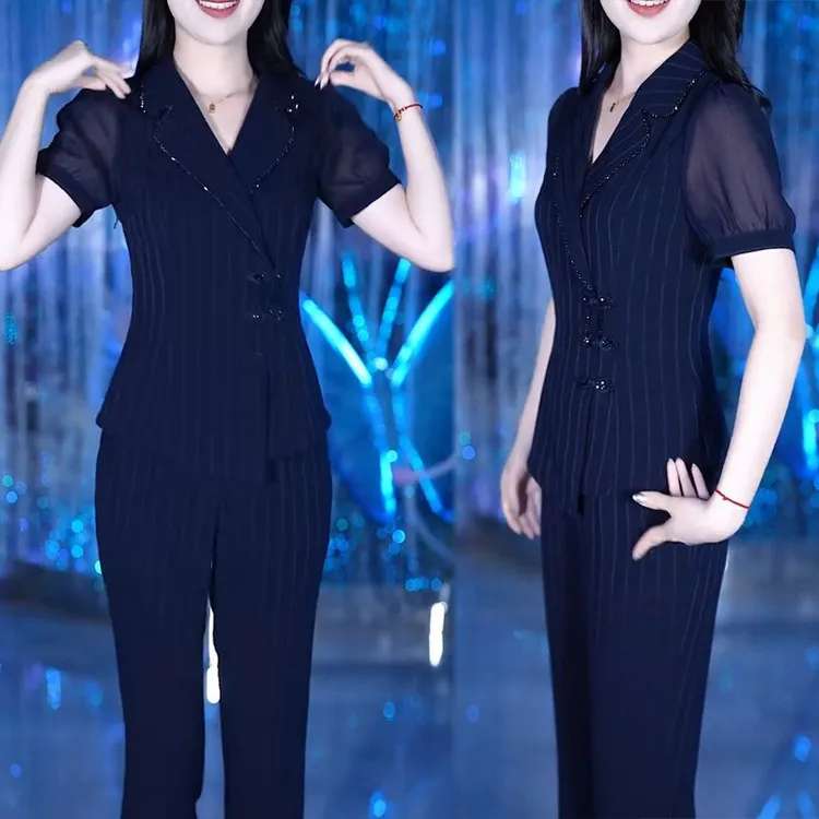 2025夏季新款中式气质显瘦雪纺拼接盘扣短袖上衣直筒裤两件套装女