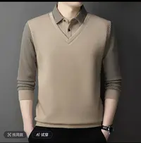 爆款春秋季中年男士长袖薄款打底衬衫翻领时尚休闲假两件男装上衣