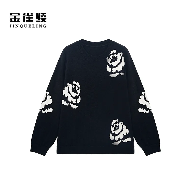金雀绫【山茶花】100山羊绒嵌花针织加宽加大羊绒衫SZAK3SZJ174