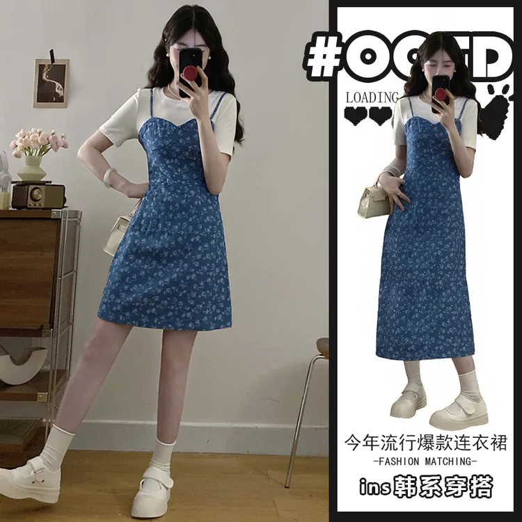 2025夏季新款甜美日系假两件连衣裙女法式气质撞色拼接碎花A字裙