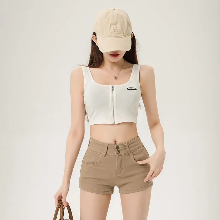 卡其色美式辣妹牛仔短裤女2025夏季新款低腰显瘦性感包臀超短热裤