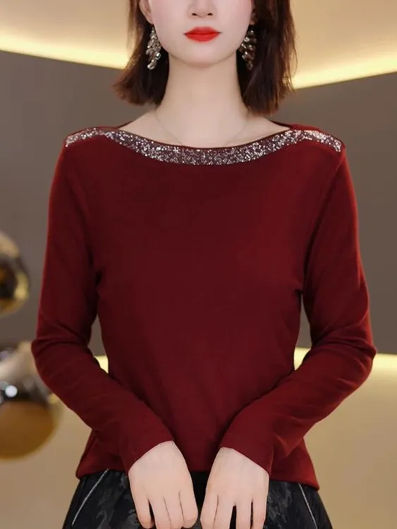 9030长袖T恤女秋季烫钻圆领小衫气质显瘦洋气中年打底上衣减龄